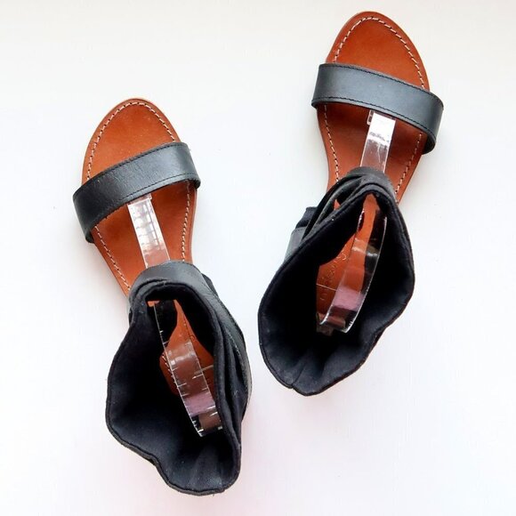 Mellow Yellow Black Leather & Linen Flat Gladiator Sandals Open Toe Summer Shoes - Picture 15 of 16